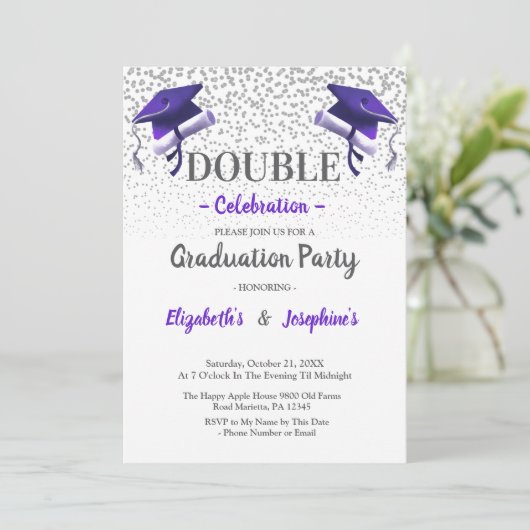 Purple Gray double Graduation Party 2 photo 招待状 (スタンド正面)