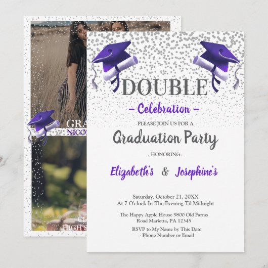 Purple Gray double Graduation Party 2 photo 招待状 (正面/裏面)