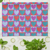 Purple Green and Red Checked Heart Pattern キッチンタオル (折り畳み)