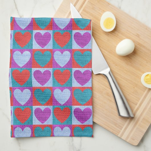 Purple Green and Red Checked Heart Pattern キッチンタオル (四つ折り)