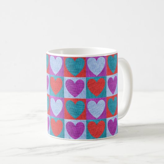 Purple Green and Red Checked Heart Pattern コーヒーマグカップ (正面右)