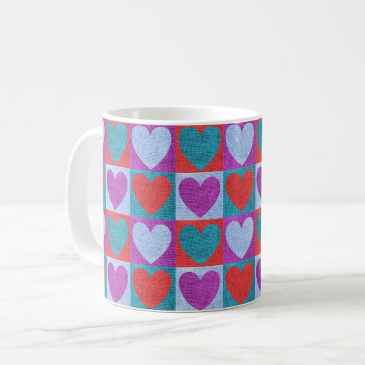 Purple Green and Red Checked Heart Pattern コーヒーマグカップ (正面左)
