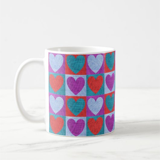 Purple Green and Red Checked Heart Pattern コーヒーマグカップ (左)