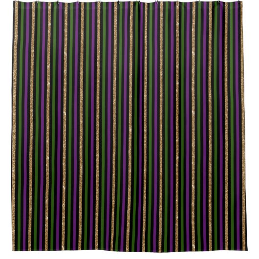 Purple, Green, Black, Faux Gold Stripes Mardi Gras シャワーカーテン (正面)