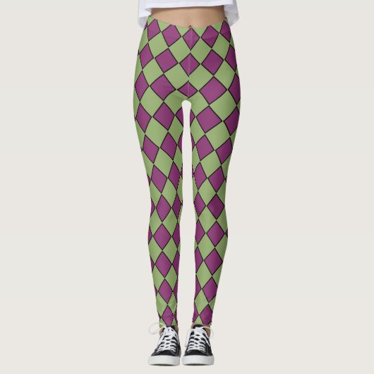 Purple Green Checker Diamond Pattern レギンス (正面)