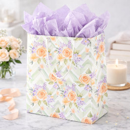 Purple Green Elegant Watercolor Floral Chevron ミディアムペーパーバッグ
