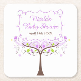 Purple & Green Floral Bird Baby Shower スクエアペーパーコースター