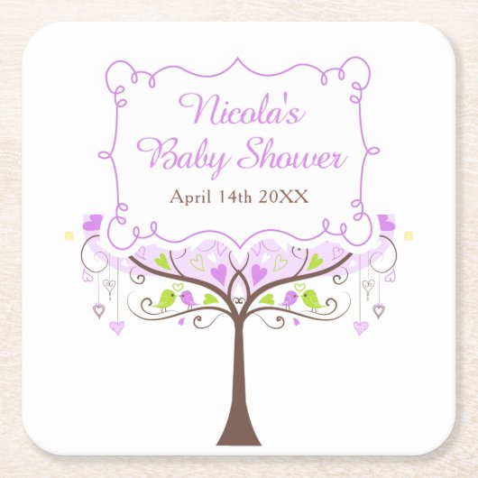 Purple & Green Floral Bird Baby Shower スクエアペーパーコースター (正面)