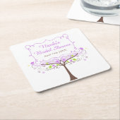 Purple & Green Floral Bird Bridal Shower スクエアペーパーコースター (アングル)