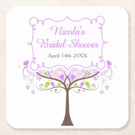 Purple & Green Floral Bird Bridal Shower  スクエアペーパーコースター