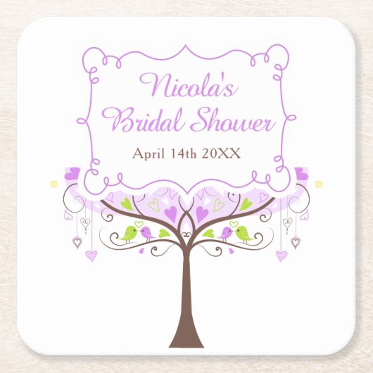 Purple & Green Floral Bird Bridal Shower スクエアペーパーコースター (正面)