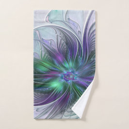 Purple Green Flower Modern Abstract Art Fractal ハンドタオル