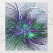 Purple Green Flower Modern Abstract Art Fractal ワインラベル (シングルラベル)