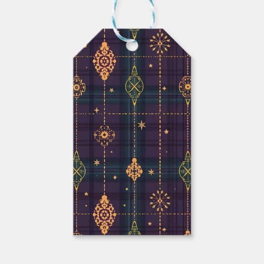 PURPLE GREEN GOLD CHRISTMAS PLAID PATTERN ギフトタグ (正面)