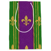 PURPLE GREEN GOLD GLITTER LOOK MARDI GRAS ミディアムペーパーバッグ (正面)