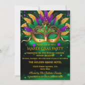 Purple Green Gold Masks Mardi Gras Birthday Party 招待状 (正面)