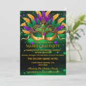 Purple Green Gold Masks Mardi Gras Birthday Party 招待状 (スタンド正面)