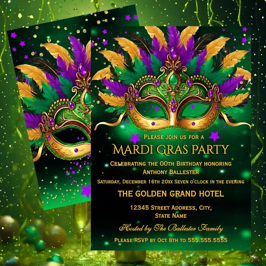 Purple Green Gold Masks Mardi Gras Birthday Party 招待状