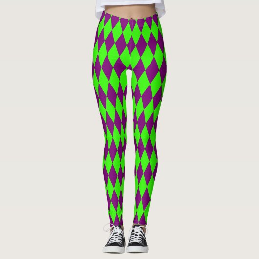 Purple Green Harlequin Checkered Design レギンス (正面)