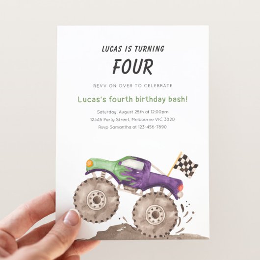 Purple & Green Monster Truck Birthday Any Age 招待状