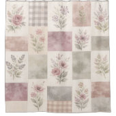 Purple Green Pastel Quilt Patchwork Floral Gingham シャワーカーテン (正面)