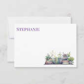 Purple & Green Watercolor Plant and Book ノートカード (正面)