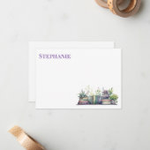Purple & Green Watercolor Plant and Book ノートカード (正面/裏面インサイチュ)