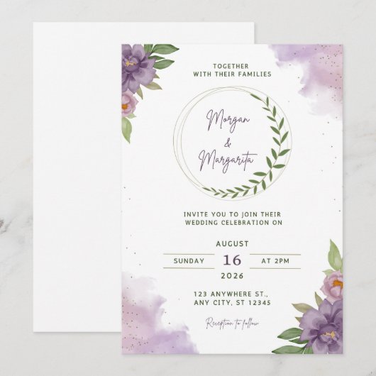 Purple & Green Watercolor Wedding Invitation 招待状 (正面/裏面)