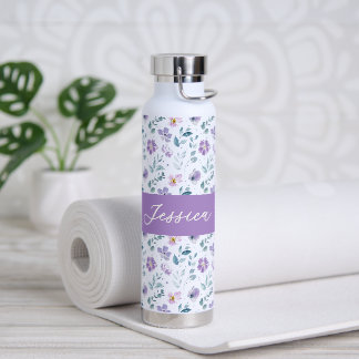 Purple Green Watercolor Wildflower Monogram Name ウォーターボトル
