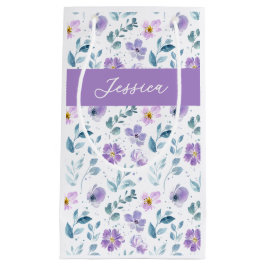 Purple Green Watercolor Wildflower Monogram Name スモールペーパーバッグ