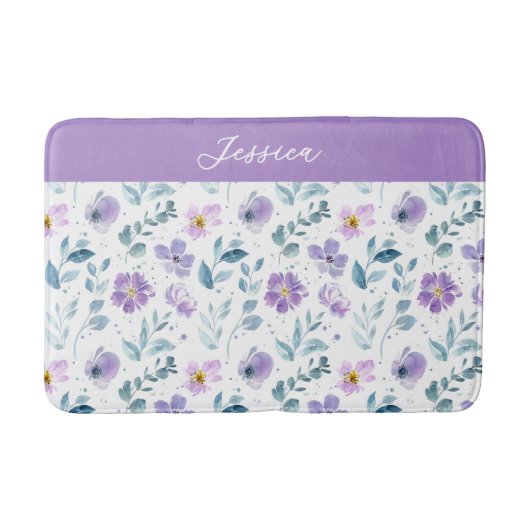 Purple Green Watercolor Wildflower Monogram Name バスマット (正面)