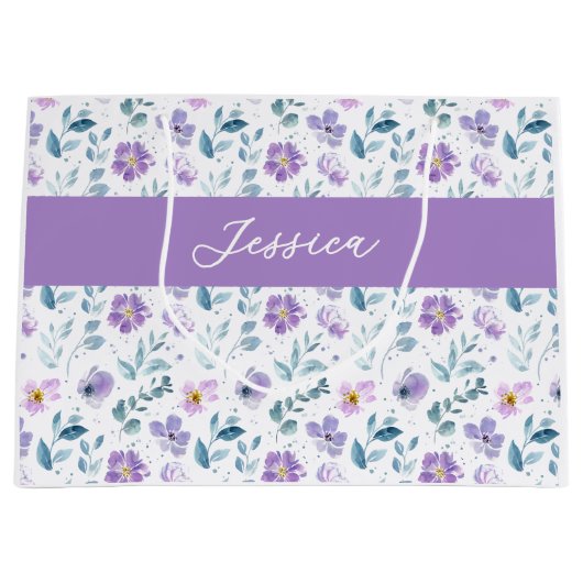 Purple Green Watercolor Wildflower Monogram Name ラージペーパーバッグ (正面)