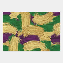 PURPLE GREEN YELLOW MARDI GRAS BRUSH STROKES ラッピングペーパーシート