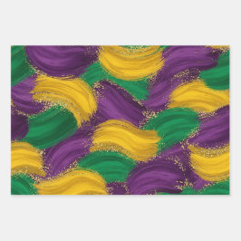 PURPLE GREEN YELLOW MARDI GRAS BRUSH STROKES ラッピングペーパーシート