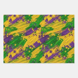 PURPLE GREEN YELLOW MARDI GRAS BRUSH STROKES ラッピングペーパーシート