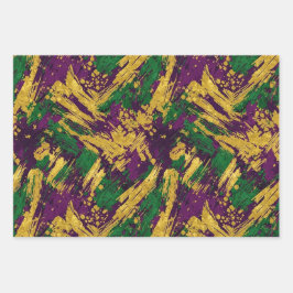 PURPLE GREEN YELLOW MARDI GRAS BRUSH STROKES ラッピングペーパーシート