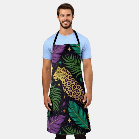 PURPLE GREEN YELLOW MARDI GRAS FEATHERS エプロン (着用した状態)