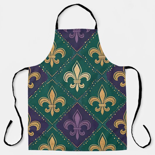 PURPLE GREEN YELLOW MARDI GRAS FLEUR DE LIS エプロン (正面)