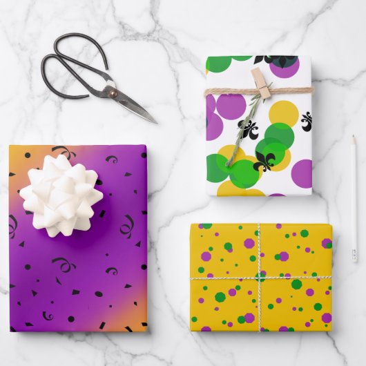 PURPLE GREEN YELLOW MARDI GRAS PATTERNS ラッピングペーパーシート (正面)