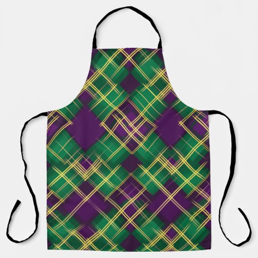 PURPLE GREEN YELLOW MARDI GRAS PLAID PATTERN エプロン (正面)