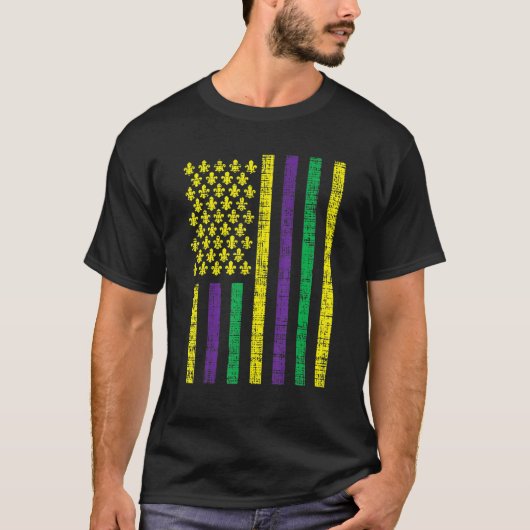 Purple Green Yellow US Flag Jester Funny Mardi Gra Tシャツ (正面)
