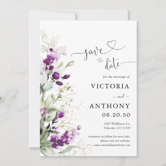 Purple Greenery Lavender Save The Date Cards 招待状 (正面)