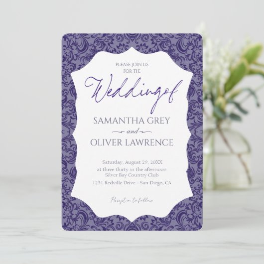 Purple Grey Damask Wedding Invitation 招待状 (スタンド正面)