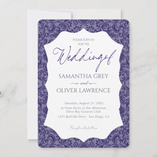 Purple Grey Damask Wedding Invitation 招待状 (正面)