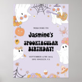 Purple Groovy Ghost Birthday Welcome Sign ポスター (正面)