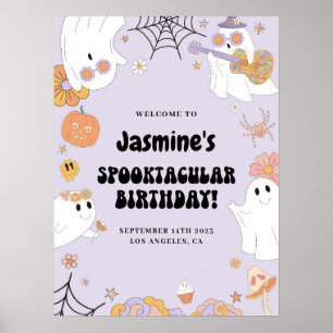 Purple Groovy Ghost Birthday Welcome Sign ポスター
