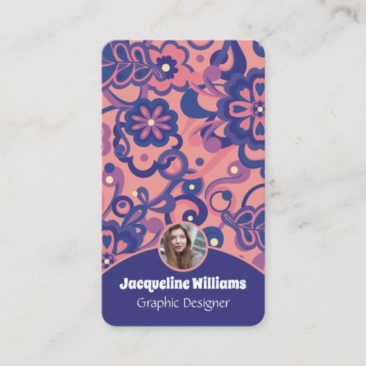 Purple Groovy Psychedelic 60s 70s Floral II 名刺 (正面)