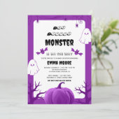 Purple Halloween Monster Baby Shower Design 招待状 (スタンド正面)
