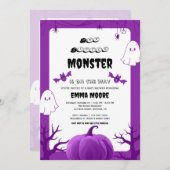 Purple Halloween Monster Baby Shower Design 招待状 (正面/裏面)