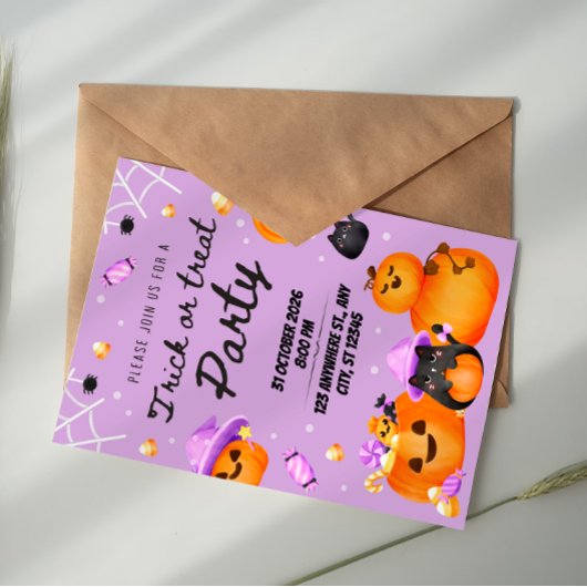 Purple Halloween Trick or Treat Party Invitation 招待状